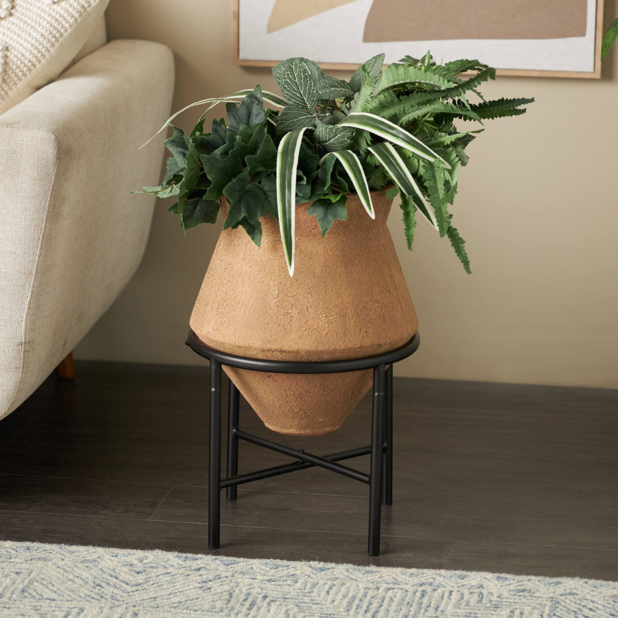 20" Brown Wide Metal Vase with Black Stand